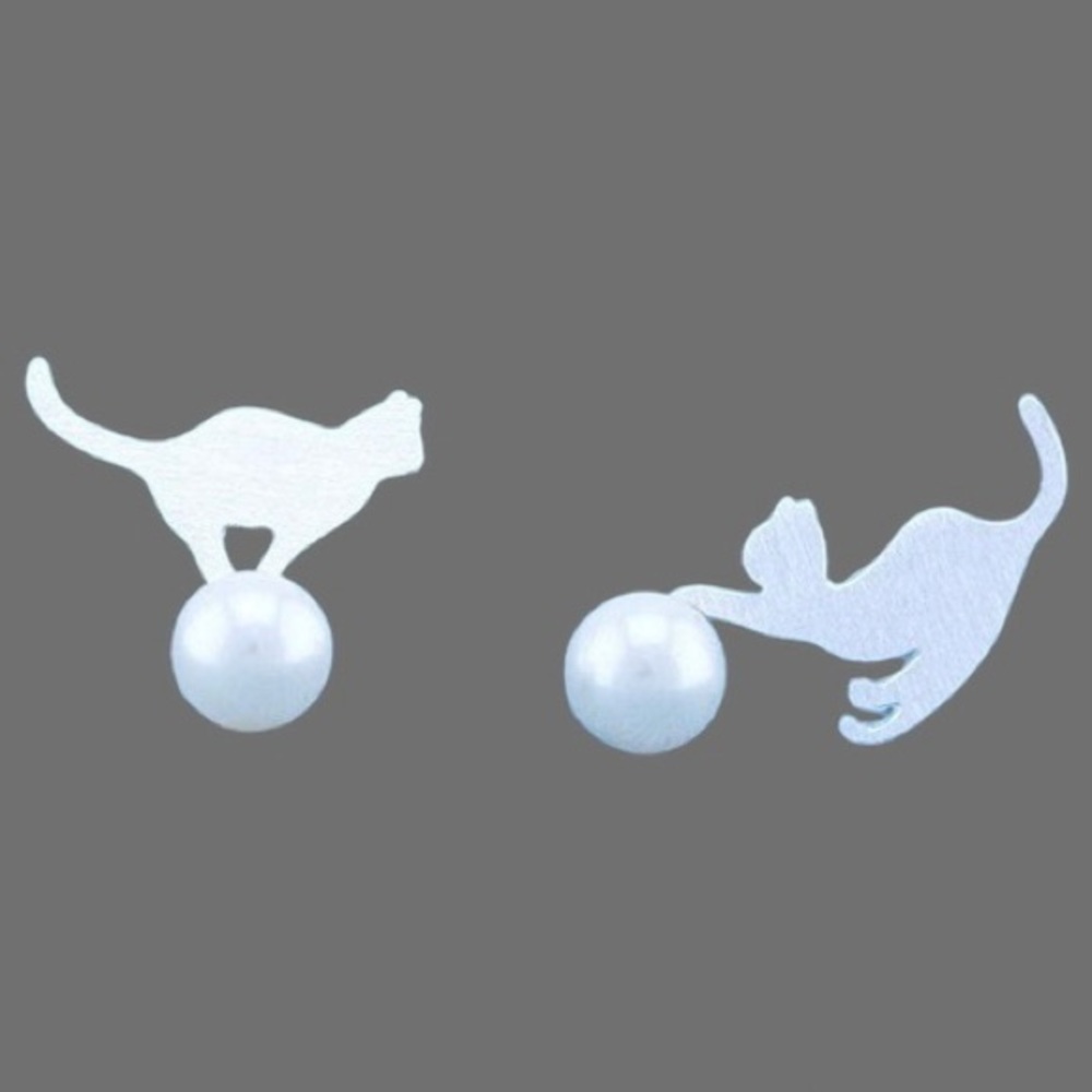 925 Sterling Silver Cat Kitty Stud Earrings, Faux Pearl Ball, Asymmetrical, New